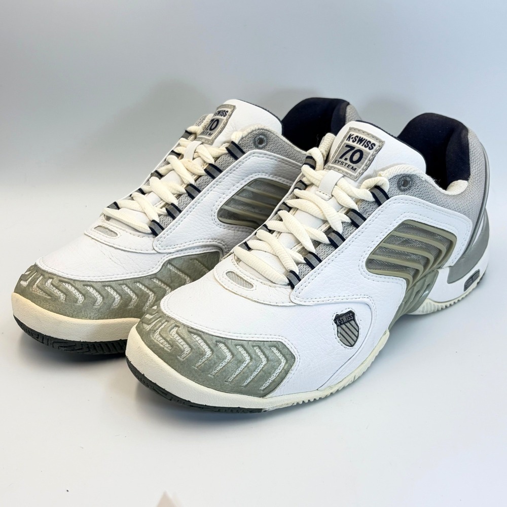 K-Swiss 7.0 System Mens 10.5 Tennis Shoes White Grey Navy Athletic Sneakers